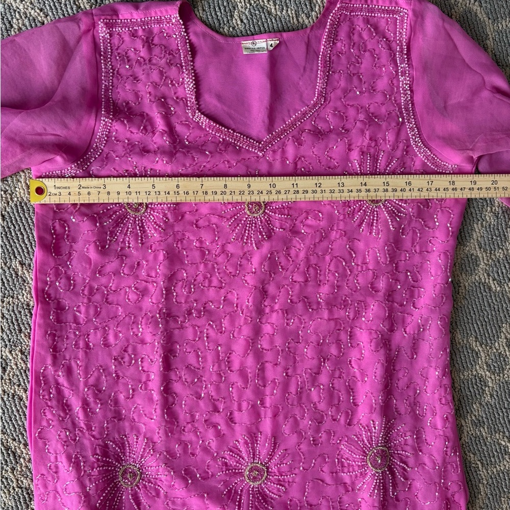 Hand stitched Pink Beaded Sheer Sleeve kurti size 40 | pink kurta party wear - Picture 6 of 7